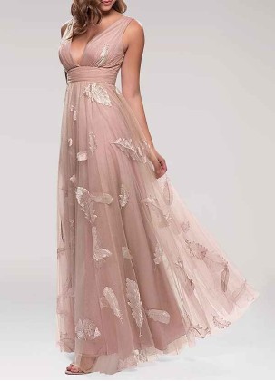 AZ Occasions Lost In Paradise Blush Embroidery Tulle Maxi Dress