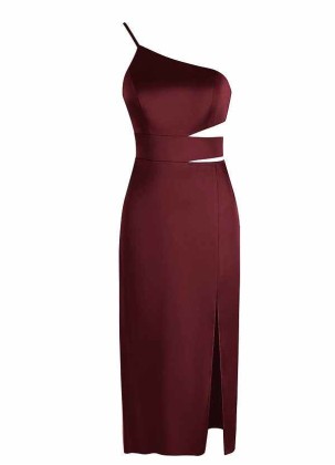 AZ Occasions One Shoulder Midi Stretch Satin Dress with Side Cutouts