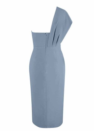 AZ Occasions Draped One Shoulder Midi Dress with Waist Tie