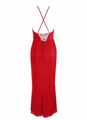 AZ Occasions Midi Mesh Halter Dress with Lace Up Back