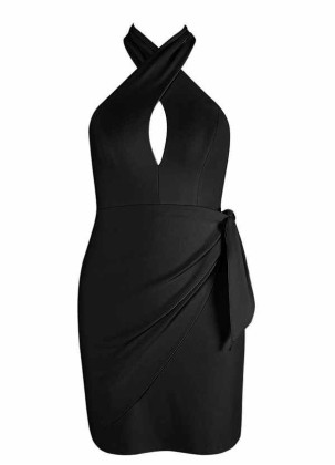 AZ Occasions Halter Stretch Crepe Dress with Mini Wrap Skirt